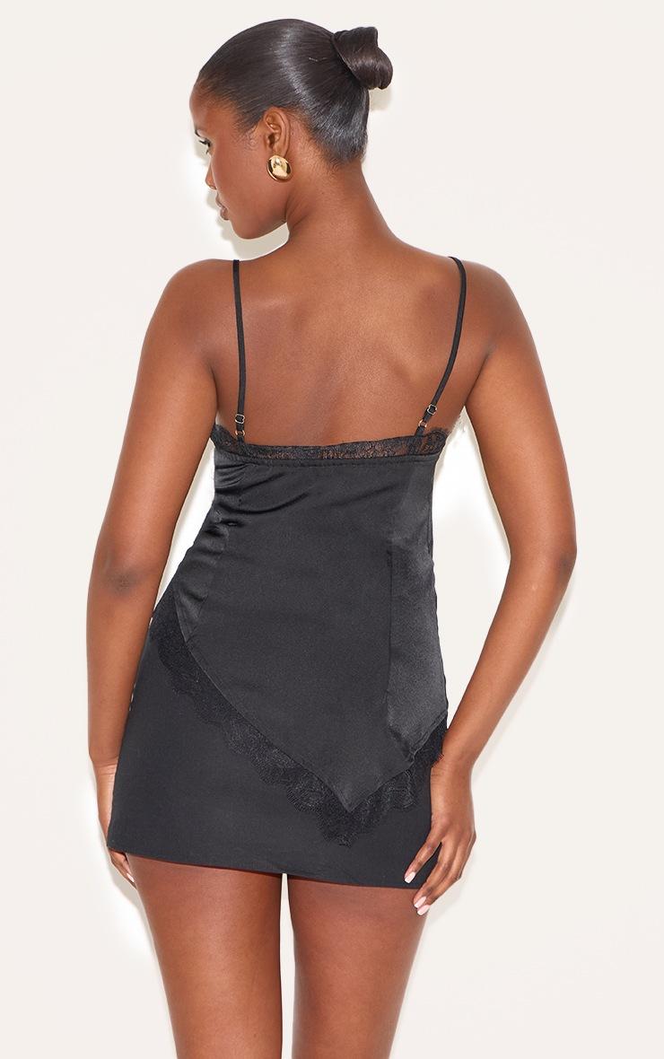 Pretty Little Thing Black Satin Lace Detail Strappy Asymmetric Cami Top
