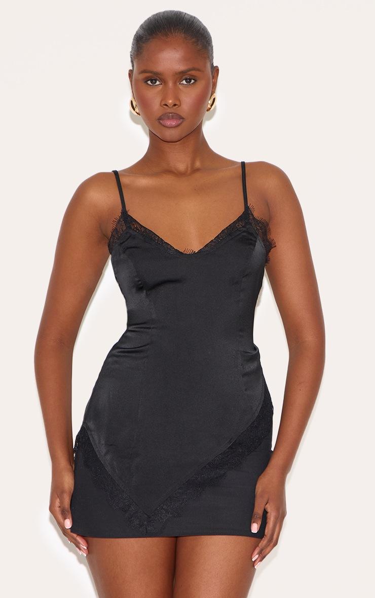 Pretty Little Thing Black Satin Lace Detail Strappy Asymmetric Cami Top