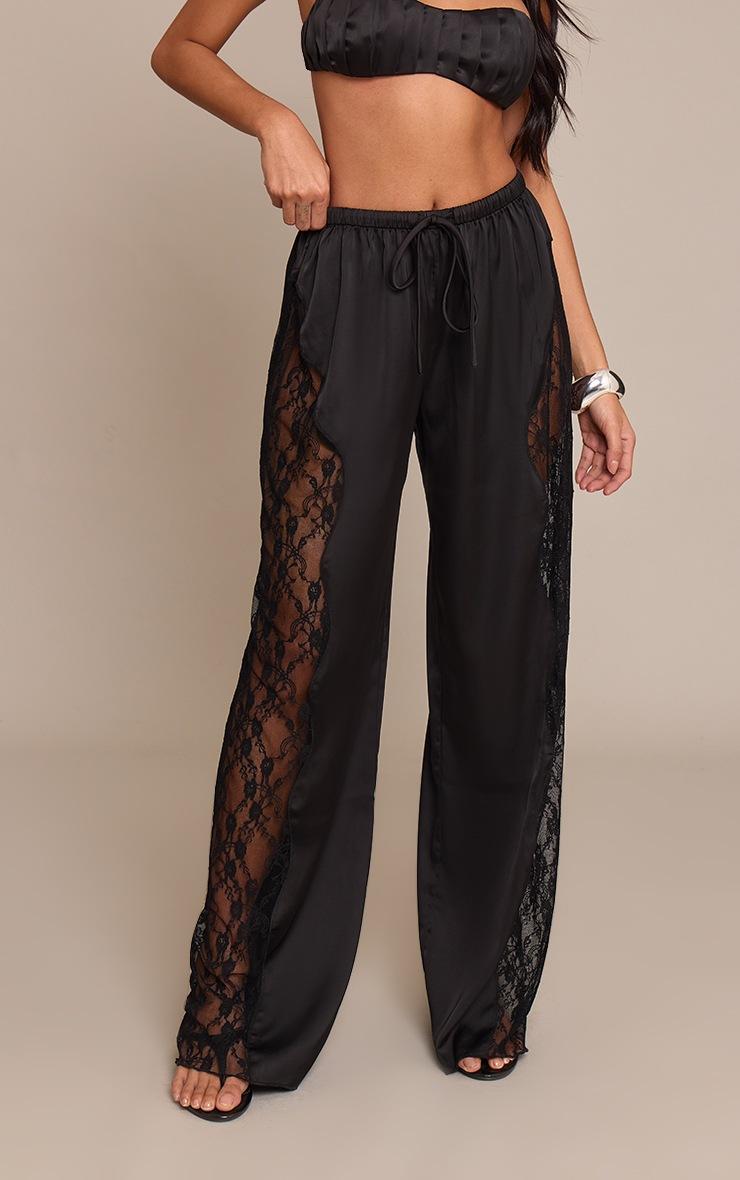 Pretty Little Thing Black Satin Lace Drawstring Pants
