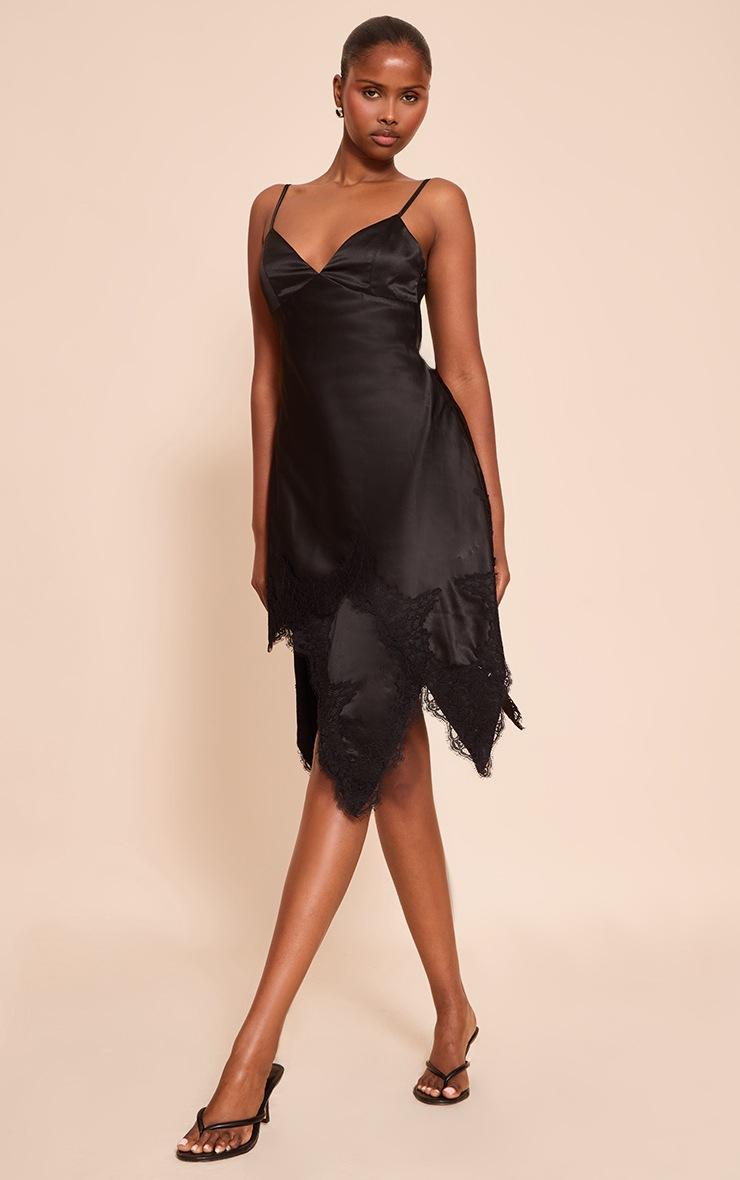 Pretty Little Thing Black Satin Lace Trim Detail Mini Dress