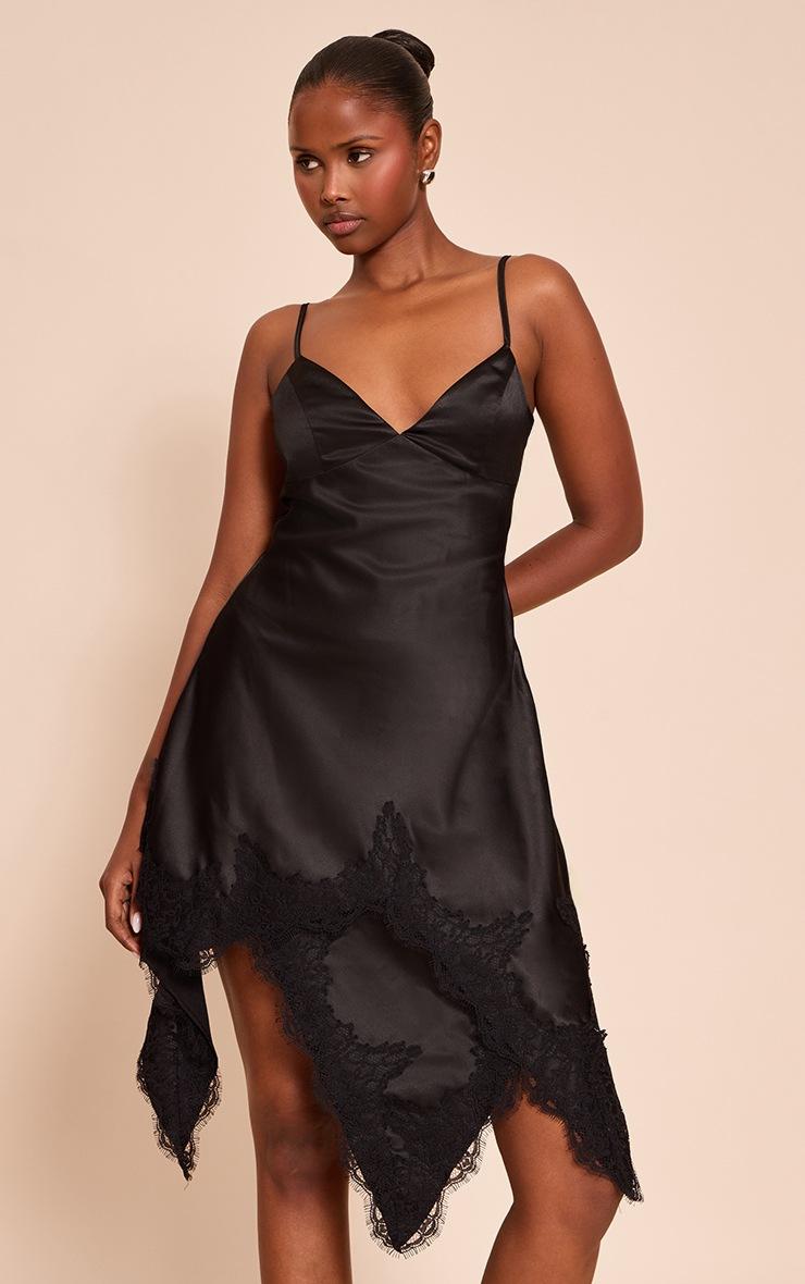 Pretty Little Thing Black Satin Lace Trim Detail Mini Dress