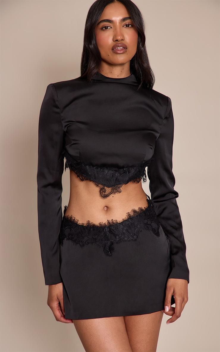 Pretty Little Thing Black Satin Lace Trim High Neck Long Sleeve Top
