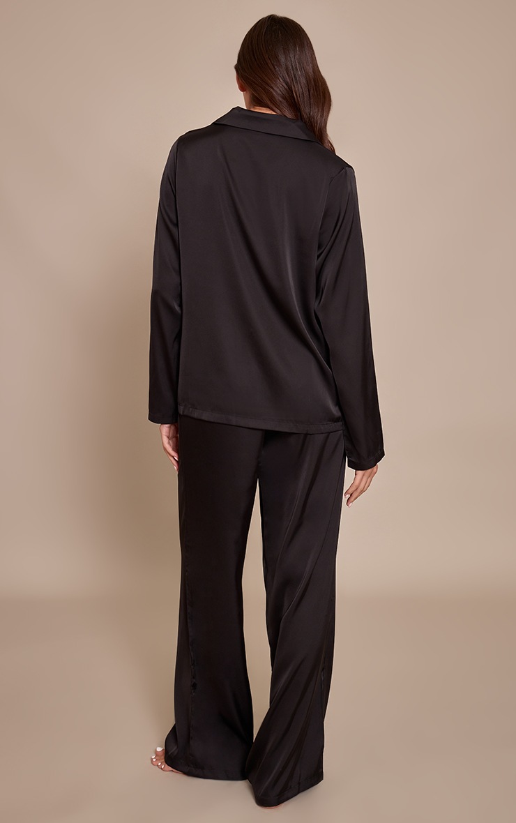 Pretty Little Thing Black Satin Long Sleeve Button Down Shirt PJ Set