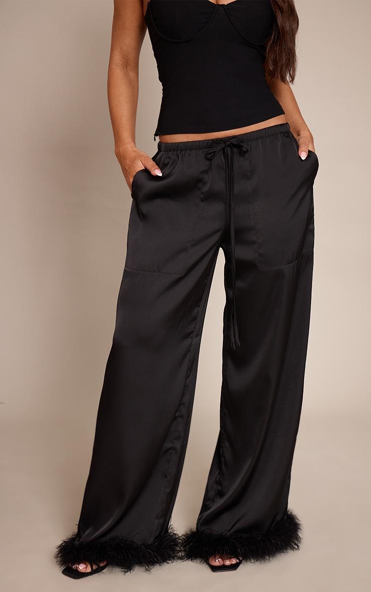 Pretty Little Thing Black Satin Low Rise Wide Leg Drawstring Feather Hem Pants