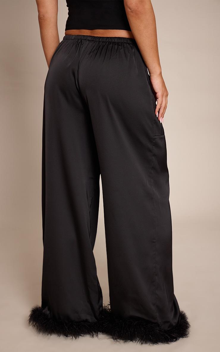 Pretty Little Thing Black Satin Low Rise Wide Leg Drawstring Feather Hem Pants