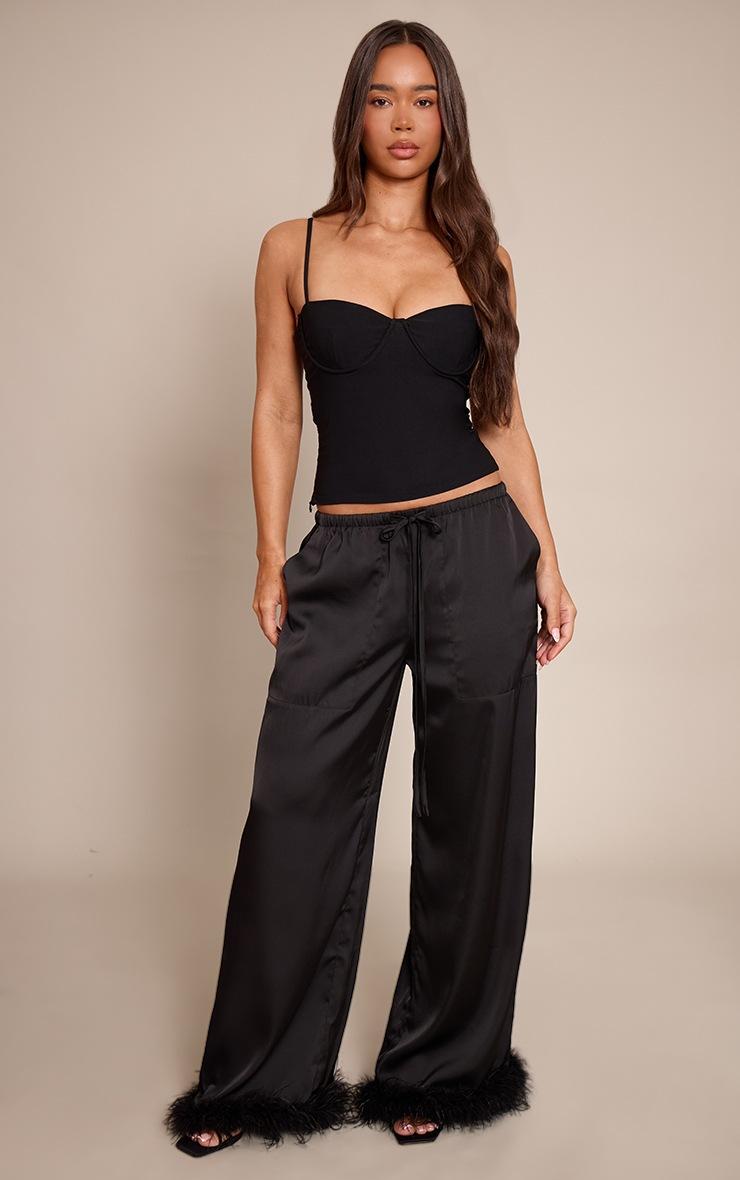 Pretty Little Thing Black Satin Low Rise Wide Leg Drawstring Feather Hem Pants