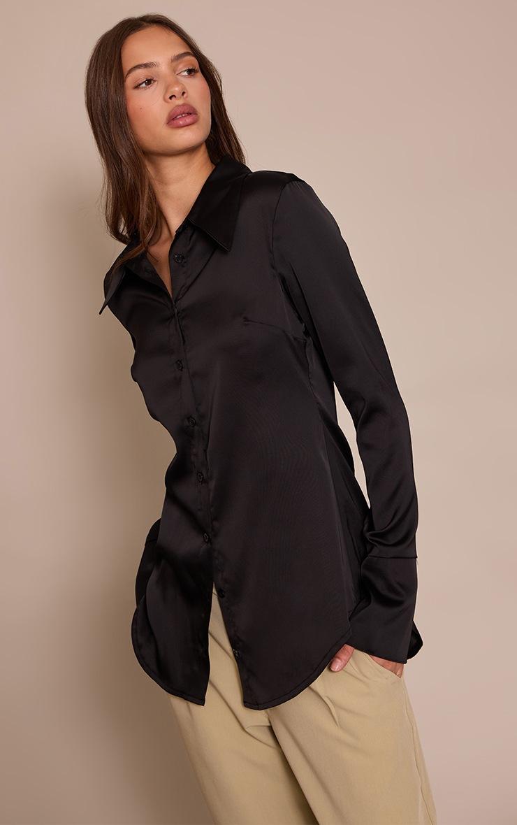 Pretty Little Thing Black Satin Oversized Collar Button Down Fitted Shirt