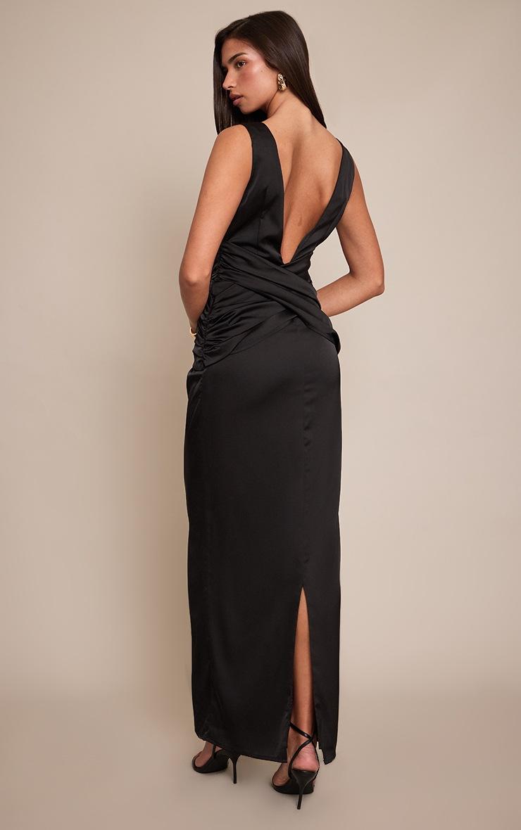 Pretty Little Thing Black Satin Plunge Drape Maxi Dress