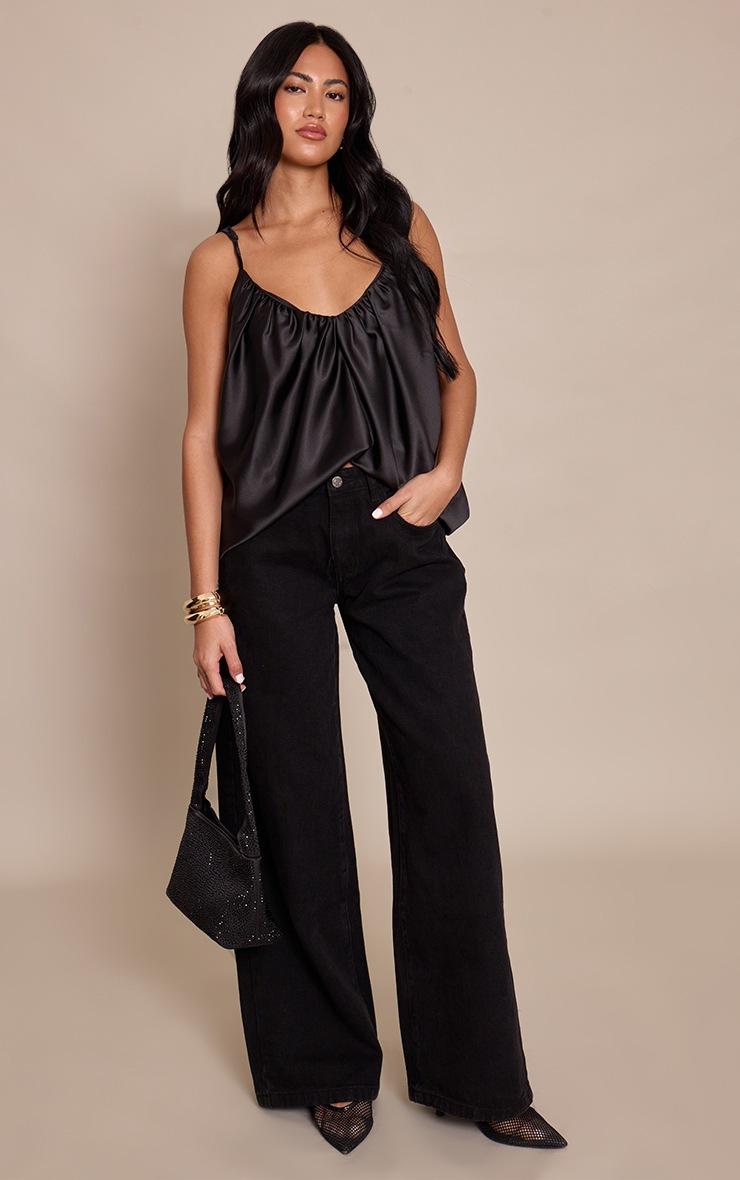 Pretty Little Thing Black Satin Puff Detail Strappy Cami Top