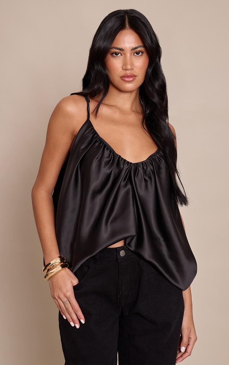 Pretty Little Thing Black Satin Puff Detail Strappy Cami Top