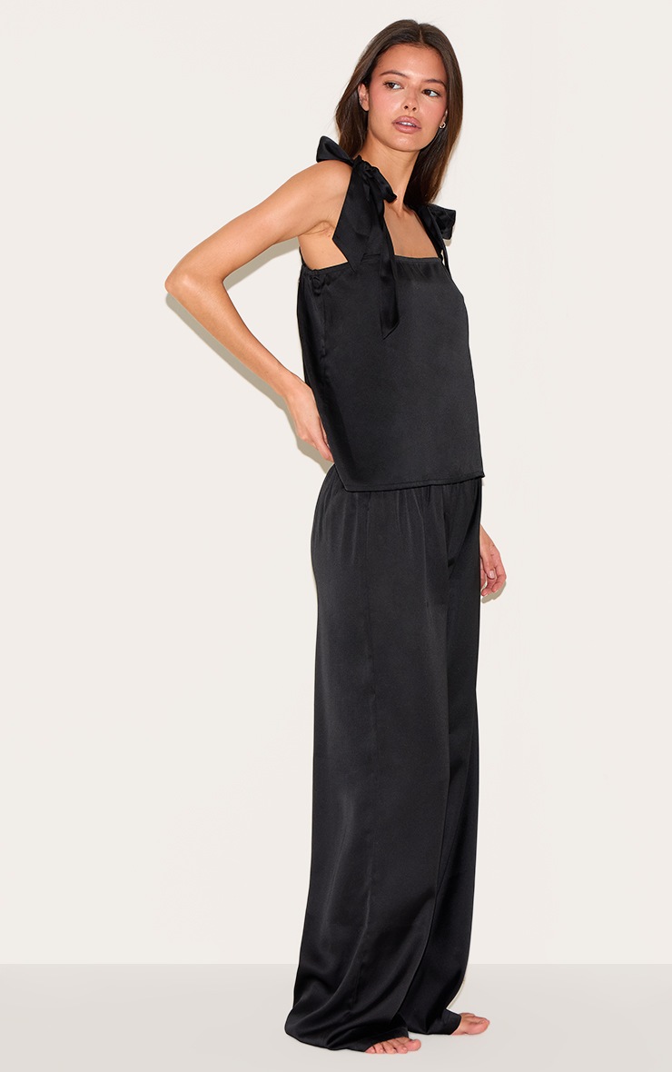 Pretty Little Thing Black Satin Ribbon Tie Cami Long Pj Set