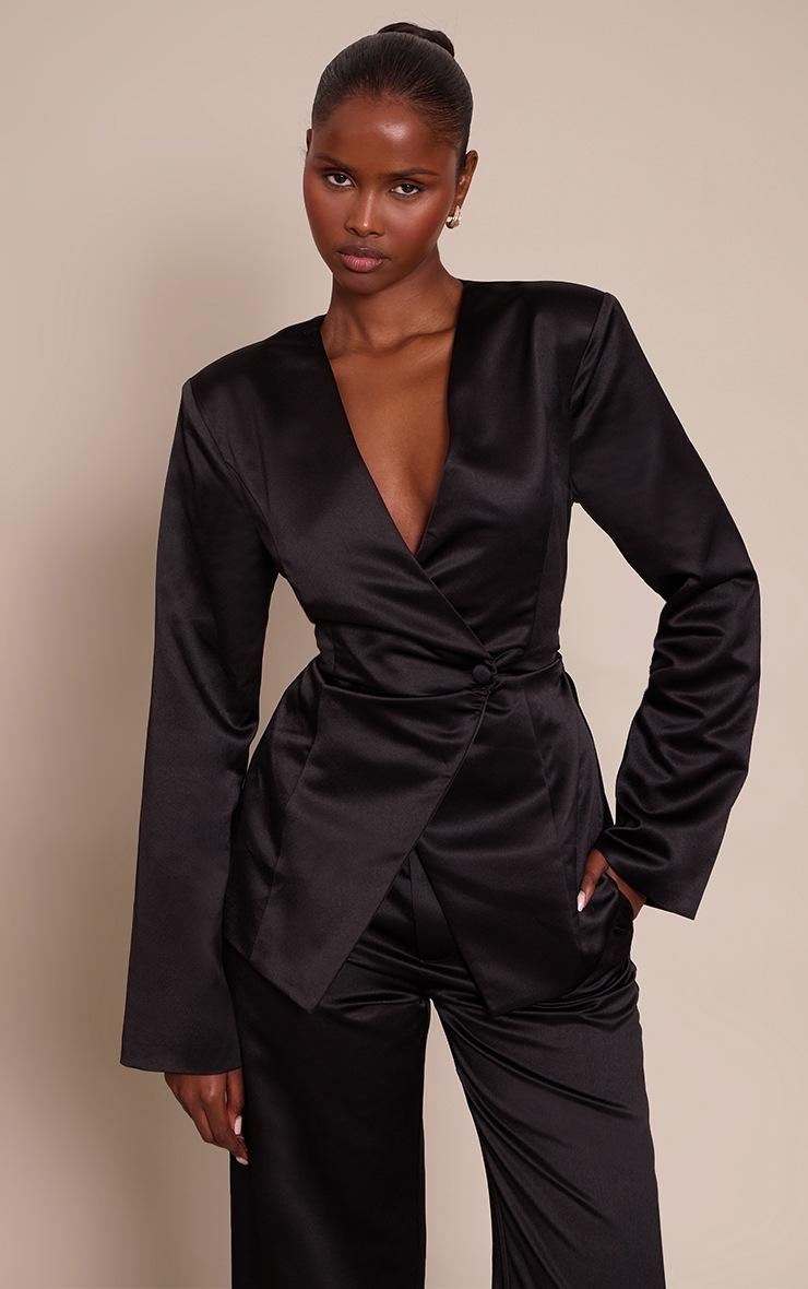 Pretty Little Thing Black Satin Ruched Cinched Blazer