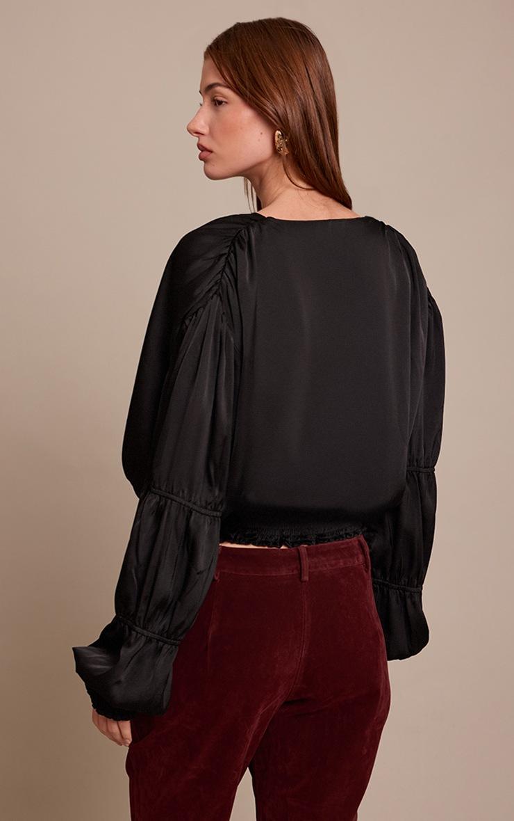 Pretty Little Thing Black Satin Ruffle Detail Plunge Blouse