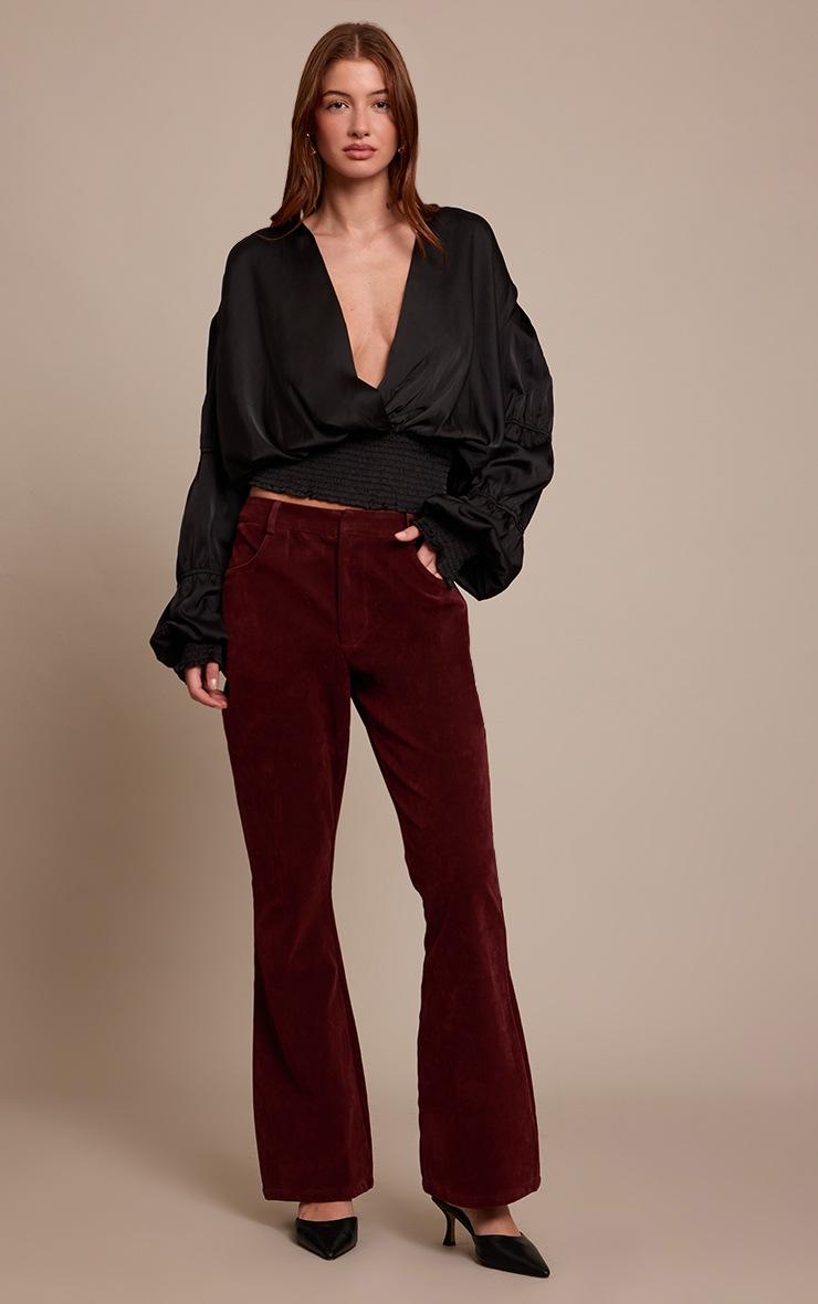 Pretty Little Thing Black Satin Ruffle Detail Plunge Blouse