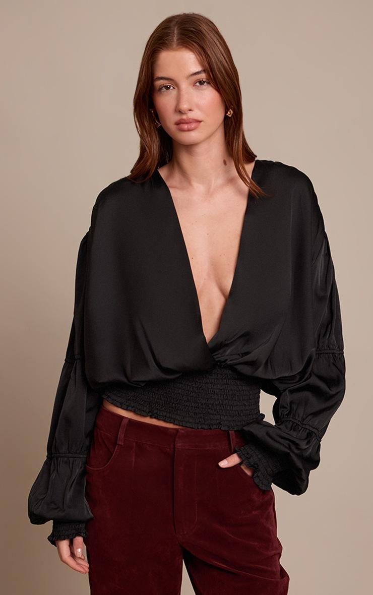 Pretty Little Thing Black Satin Ruffle Detail Plunge Blouse