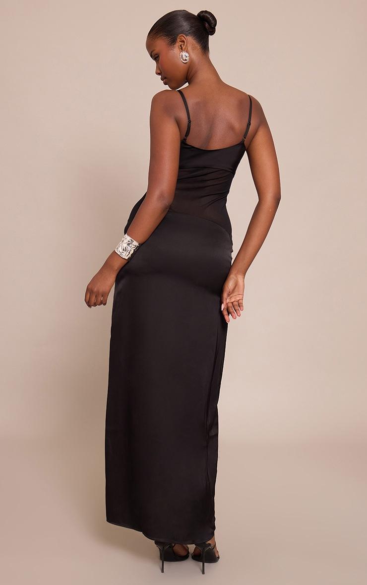 Pretty Little Thing Black Satin Scoop Neck Mesh Detail Maxi Dress