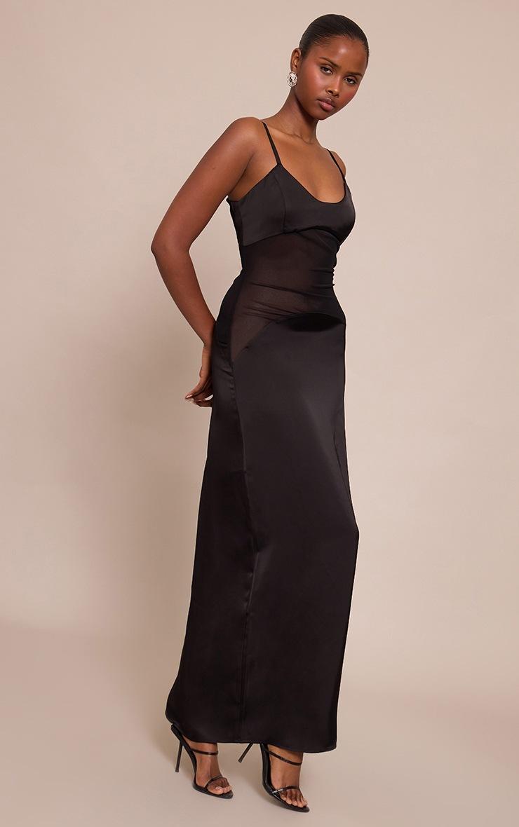 Pretty Little Thing Black Satin Scoop Neck Mesh Detail Maxi Dress