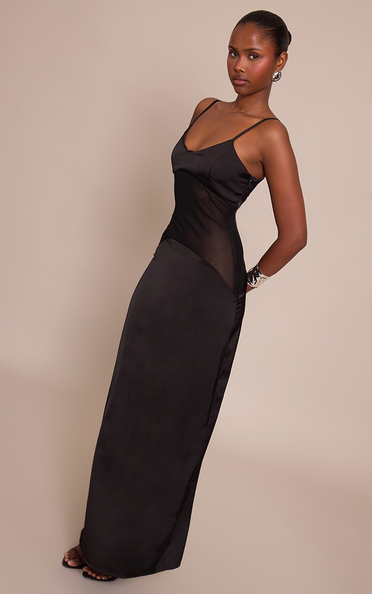 Pretty Little Thing Black Satin Scoop Neck Mesh Detail Maxi Dress