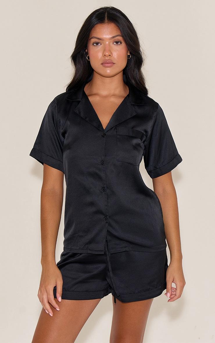Pretty Little Thing Black Satin Short Sleeve Short Pj Set