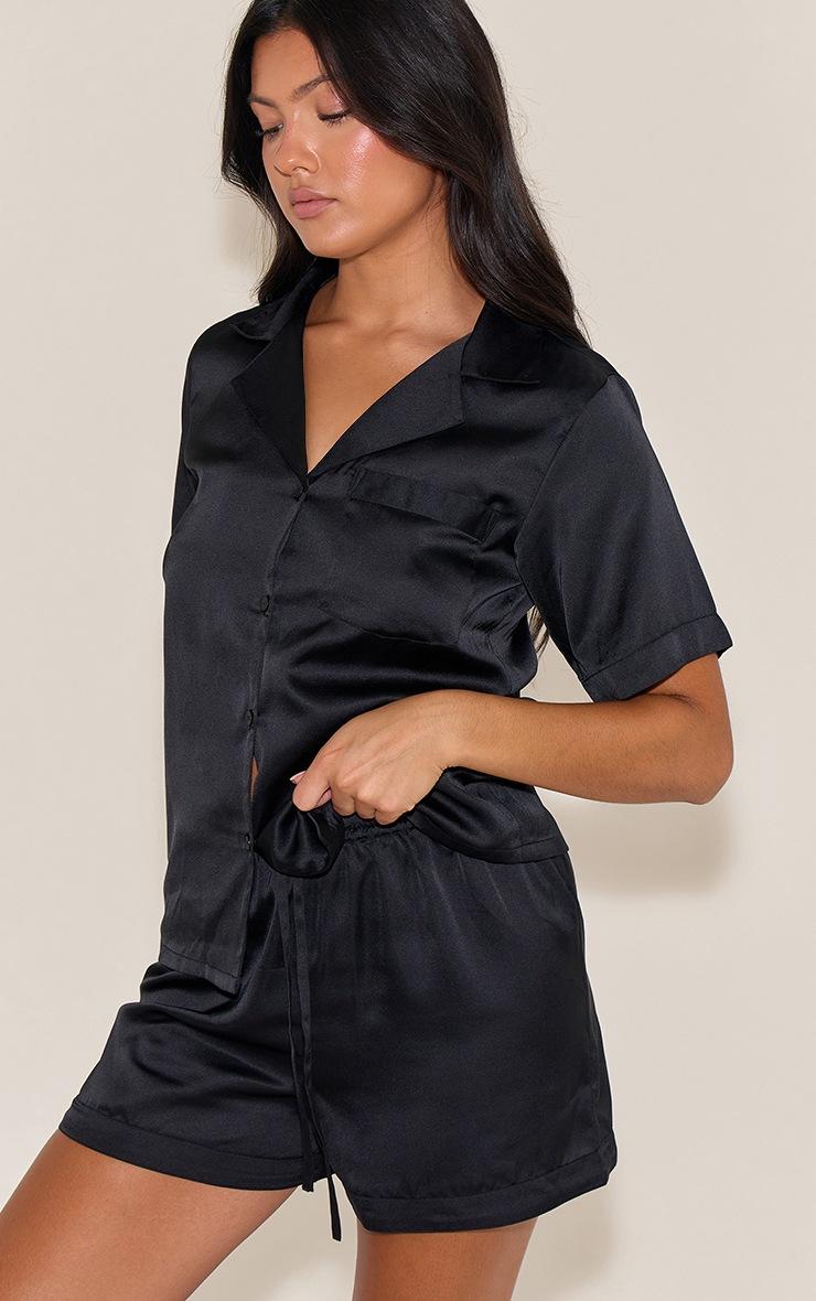 Pretty Little Thing Black Satin Short Sleeve Short Pj Set