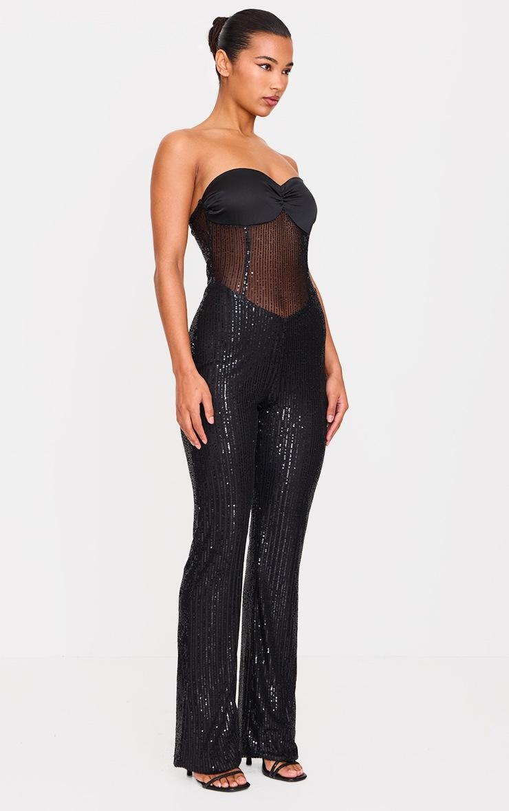 Pretty Little Thing Black Sequin Bandeau Sheer Panel Jumpsuit