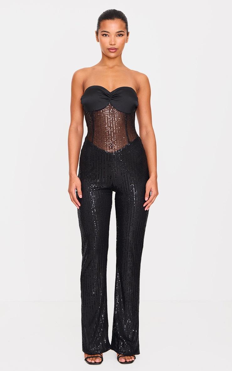 Pretty Little Thing Black Sequin Bandeau Sheer Panel Jumpsuit