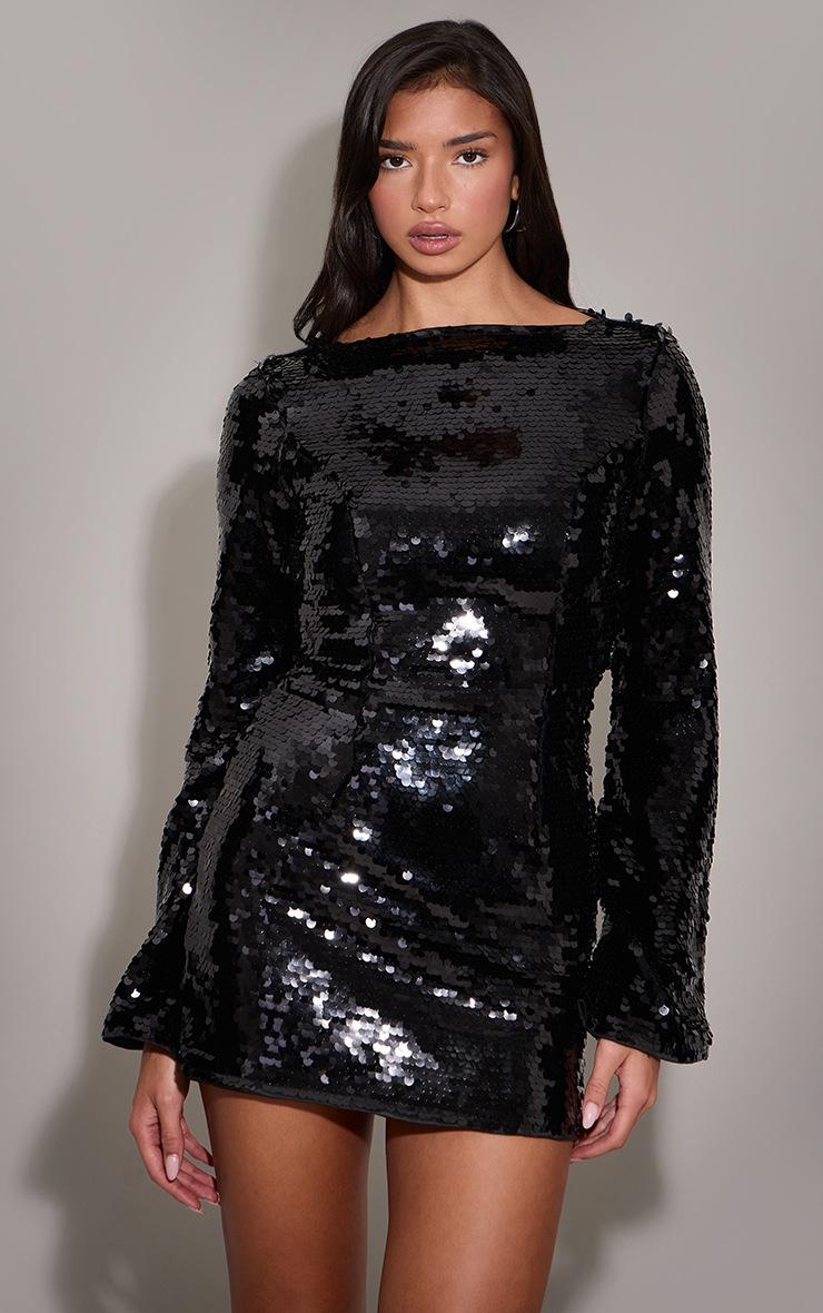 Pretty Little Thing Black Sequin Boat Neck Shift Dress