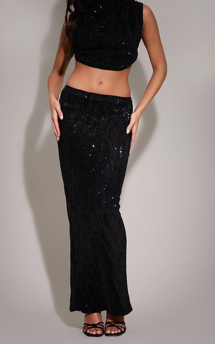 Pretty Little Thing Black Sequin Mid Rise Maxi Skirt