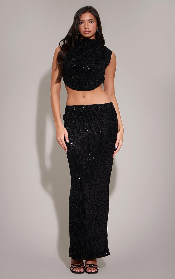 Pretty Little Thing Black Sequin Mid Rise Maxi Skirt