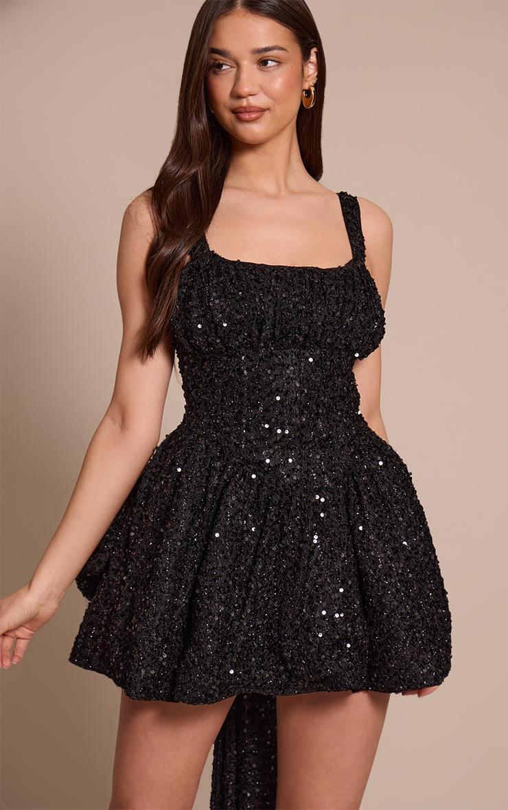 Pretty Little Thing Black Sequin Oversized Bow Shift Dress