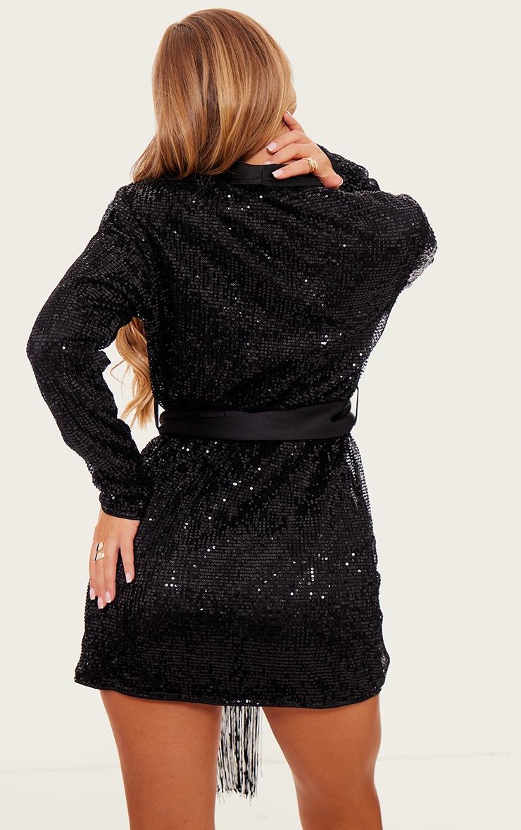 Pretty Little Thing Black Sequin Tassel Tie Detail Blazer Dress