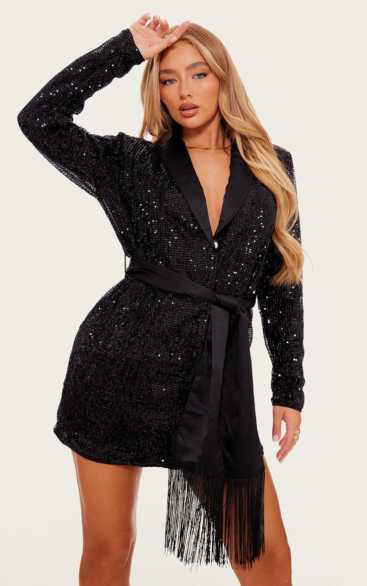 Pretty Little Thing Black Sequin Tassel Tie Detail Blazer Dress