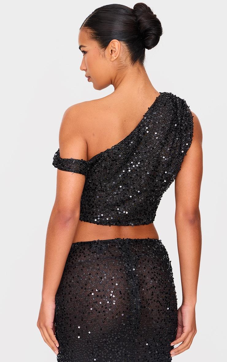 Pretty Little Thing Black Sequin Textured Asymmetric Top