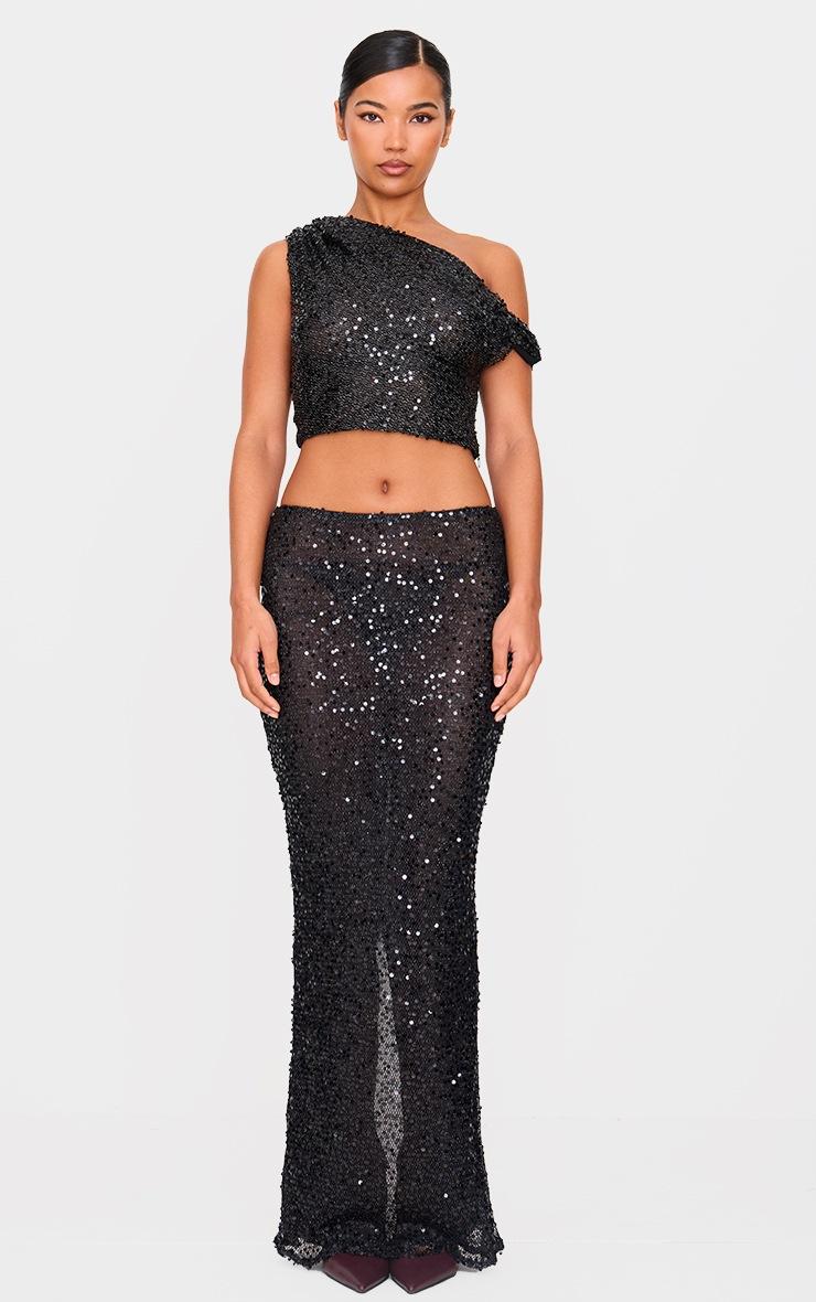 Pretty Little Thing Black Sequin Textured Asymmetric Top