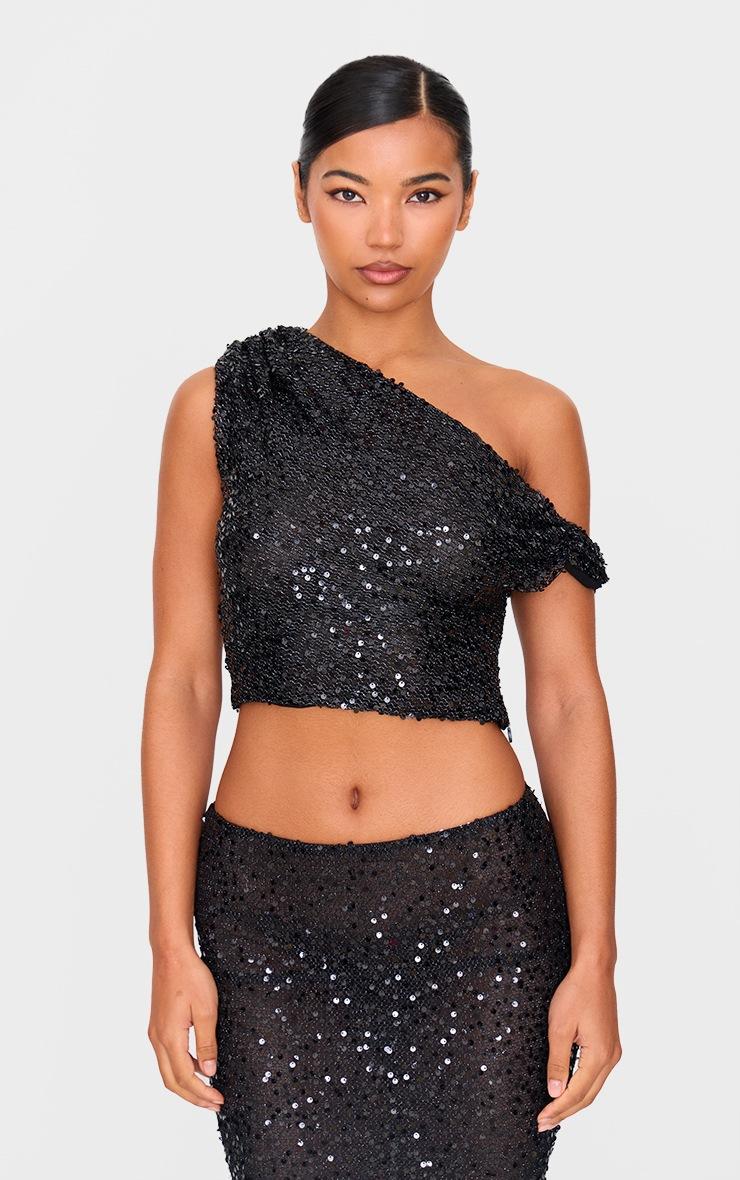 Pretty Little Thing Black Sequin Textured Asymmetric Top