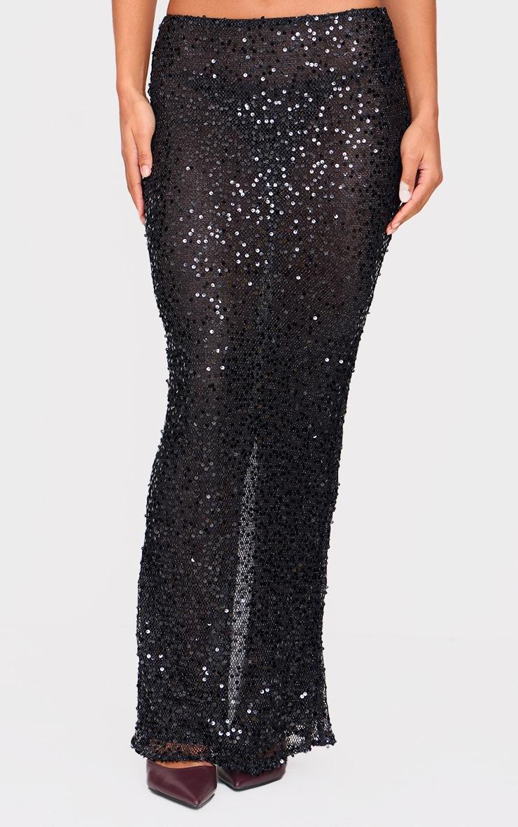 Pretty Little Thing Black Sequin Textured Mid Rise Maxi Skirt