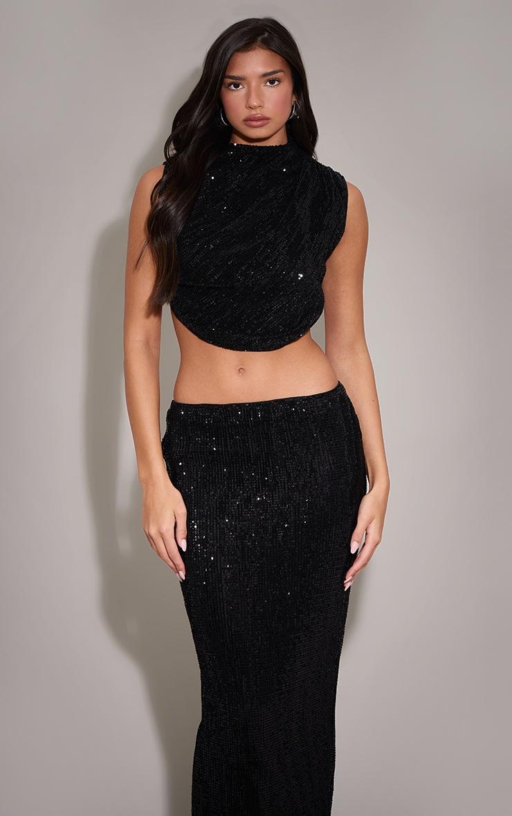 Pretty Little Thing Black Sequin Tie Back High Neck Cowl Crop Top