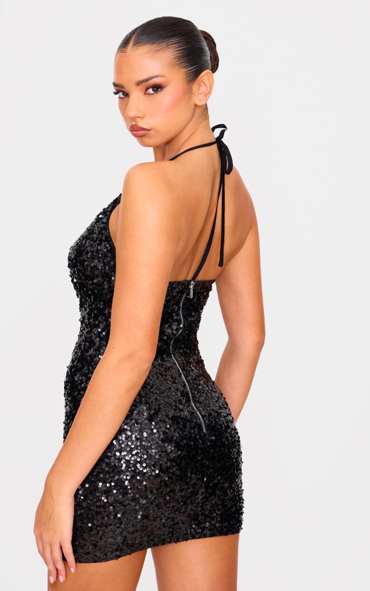 Pretty Little Thing Black Sequin Tie Cowl Halter Neck Bodycon Dress
