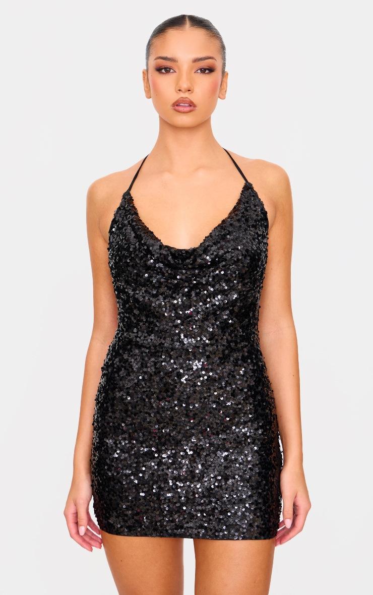 Pretty Little Thing Black Sequin Tie Cowl Halter Neck Bodycon Dress