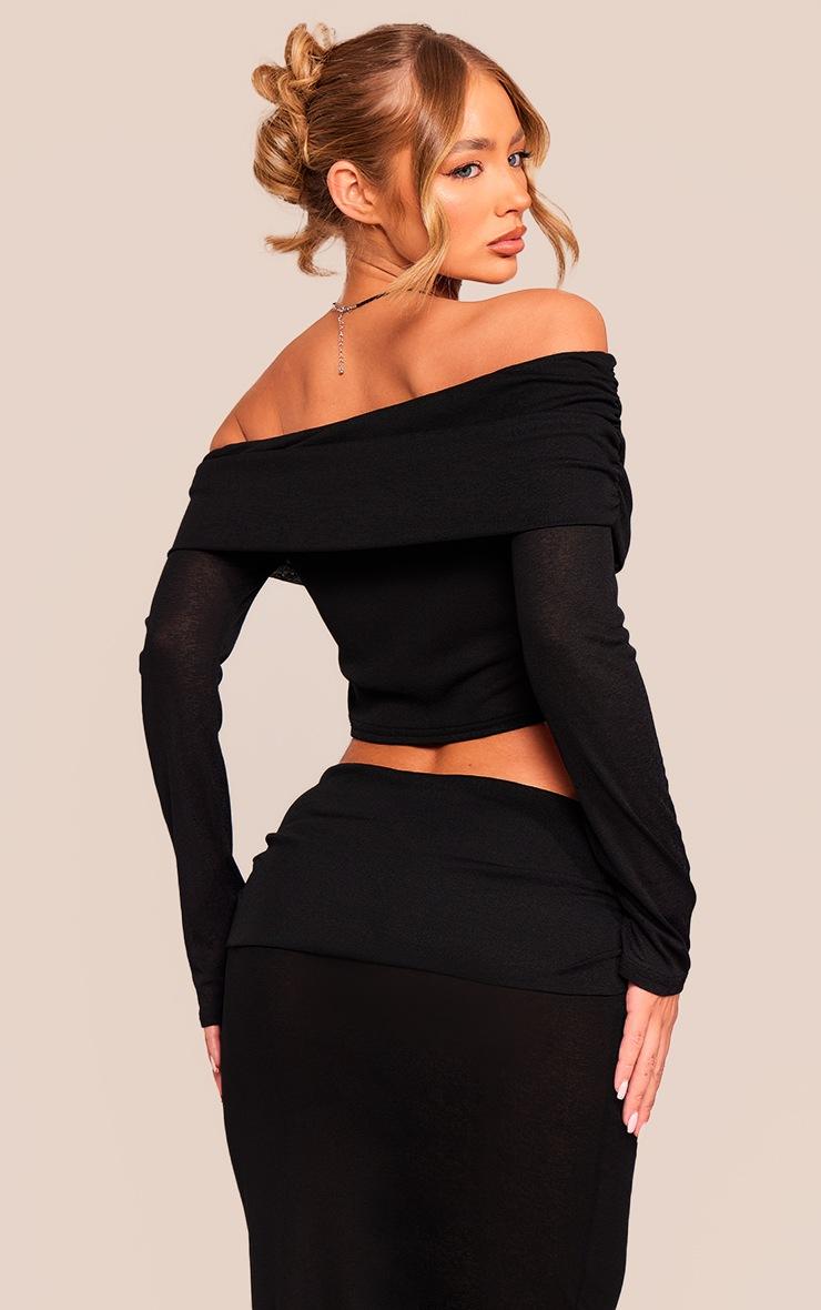 Pretty Little Thing Black Sheer Burnout Mesh Fold Over Hem Long Sleeve Bardot Top