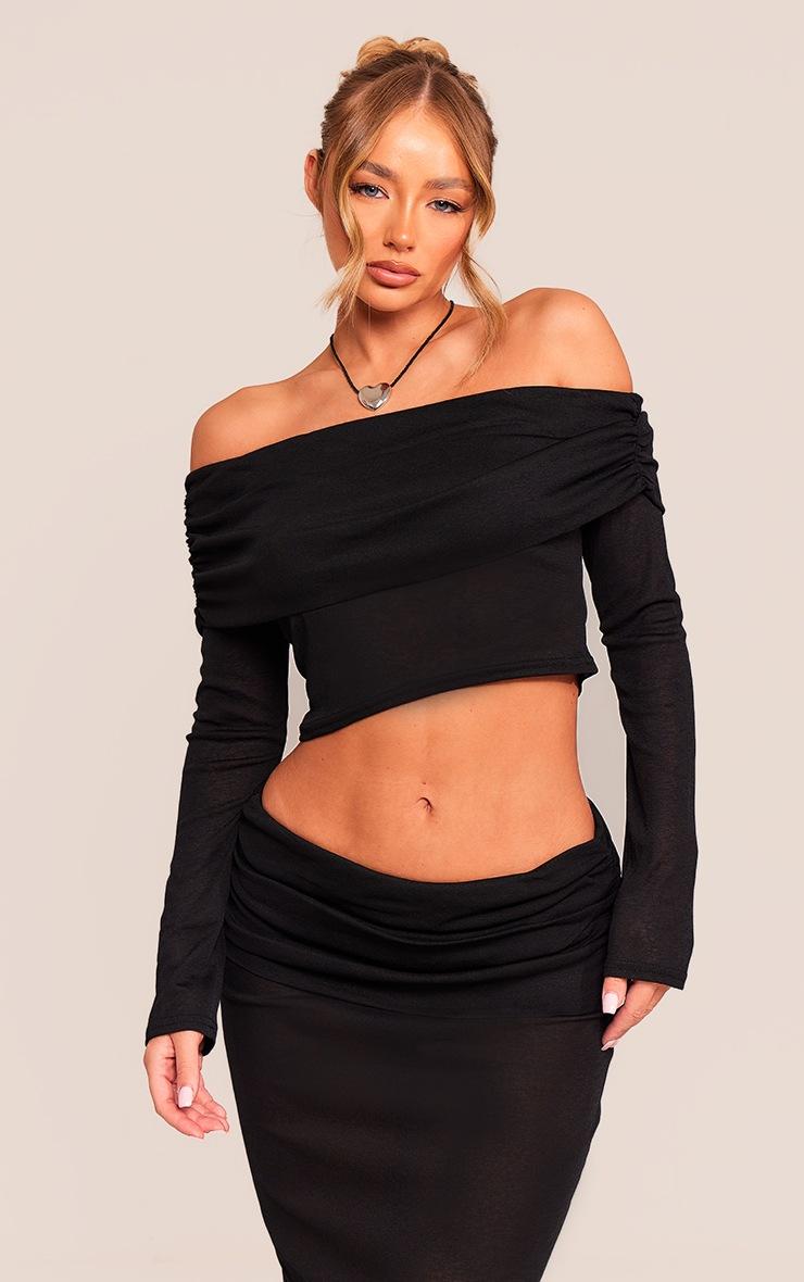 Pretty Little Thing Black Sheer Burnout Mesh Fold Over Hem Long Sleeve Bardot Top