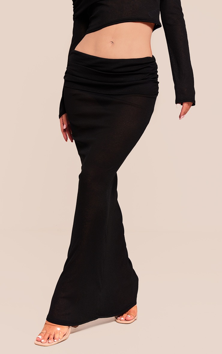 Pretty Little Thing Black Sheer Burnout Mesh Fold Over Hem Low Rise Maxi Skirt