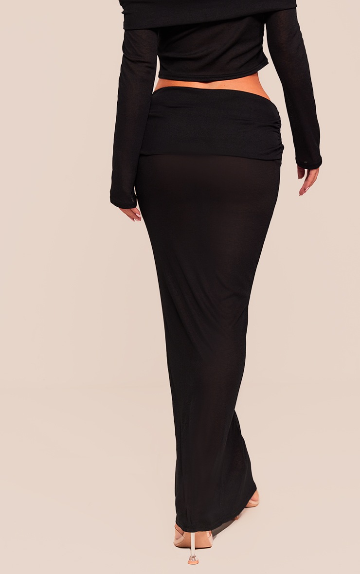 Pretty Little Thing Black Sheer Burnout Mesh Fold Over Hem Low Rise Maxi Skirt
