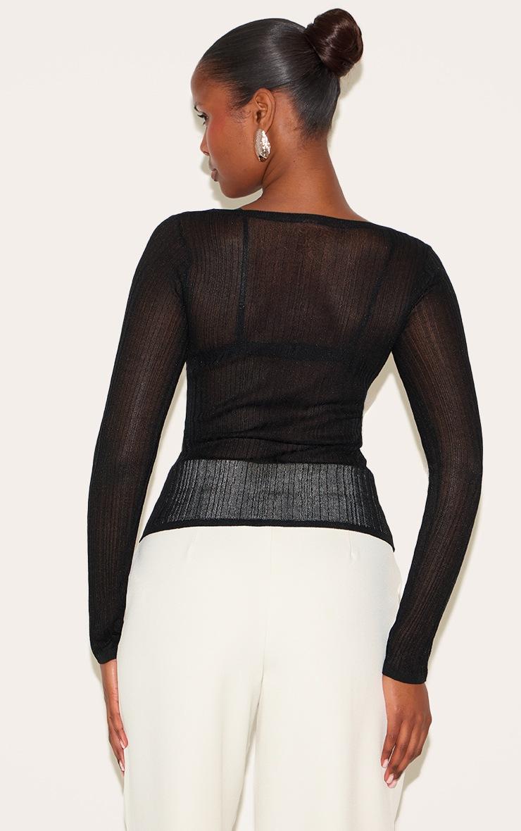 Pretty Little Thing Black Sheer Knit Long Sleeve Boat Neck Top Black