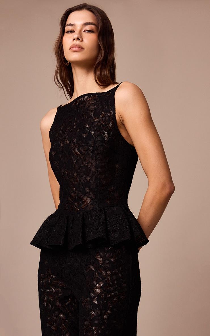 Pretty Little Thing Black Sheer Lace Peplum Sleeveless Top
