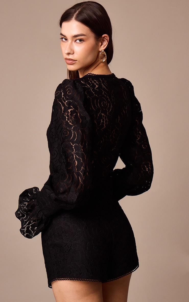 Pretty Little Thing Black Sheer Lace Plunge Puff Sleeve Blouse
