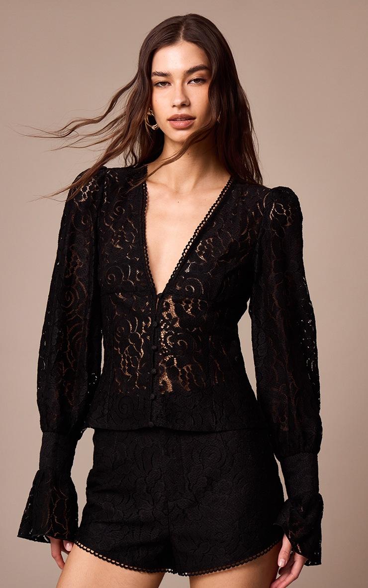 Pretty Little Thing Black Sheer Lace Plunge Puff Sleeve Blouse