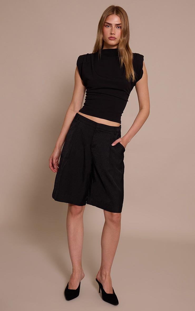 Pretty Little Thing Black Shoulder Pad Pleated Boat Neck Top