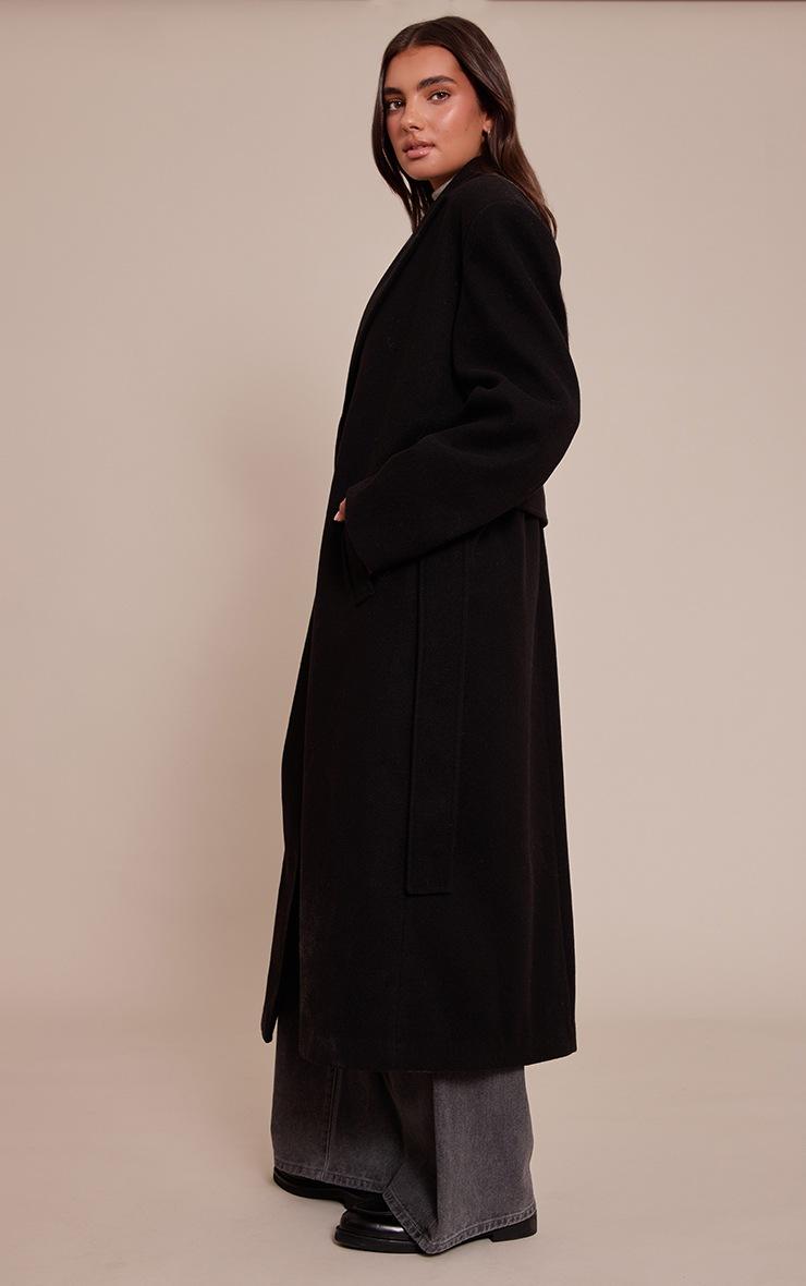Pretty Little Thing Black Single Breasted Self Tie Wool Look Maxi Coat