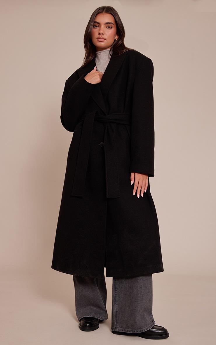 Pretty Little Thing Black Single Breasted Self Tie Wool Look Maxi Coat